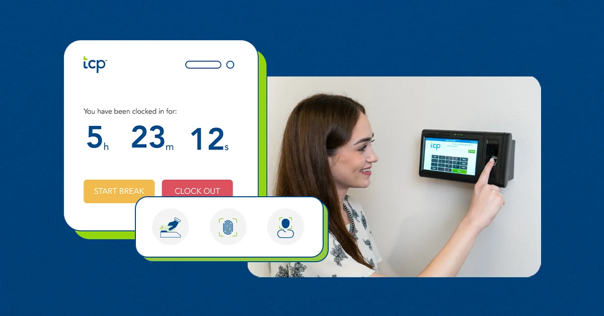 Time clocks on a wall along with a product screenshot that demonstrates how to prevent time theft