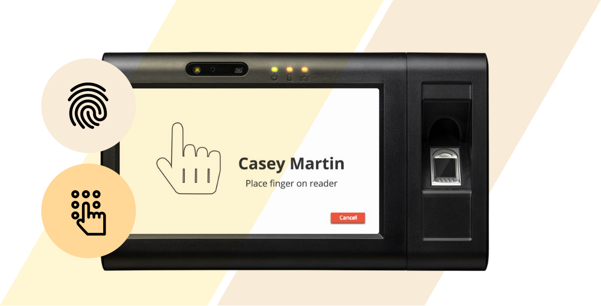 TCP Time Clock fingerprint scanner with name "Casey Martin" shown on display