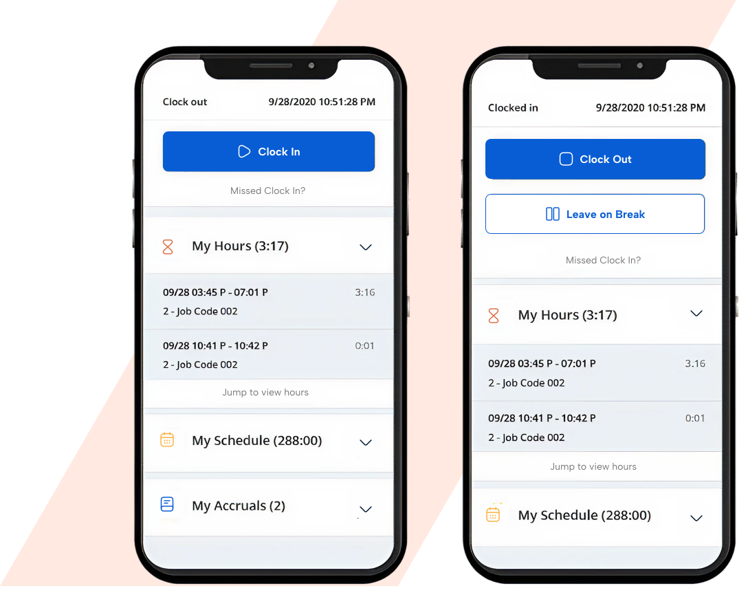Clock in and clock out features on mobile phones for TimeClock Plus