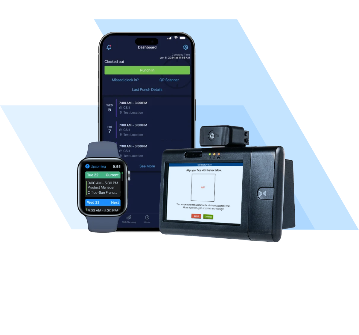 Three TCP time clock options on different devices: Apple Watch, Biometric Scanner, and Mobile Clock In