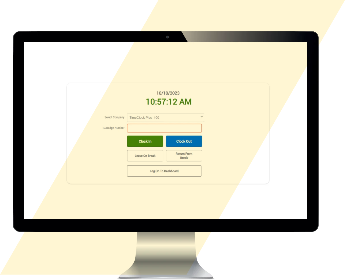 TimeClock Plus webclock preview on a desktop, showing 10:57 am as the time