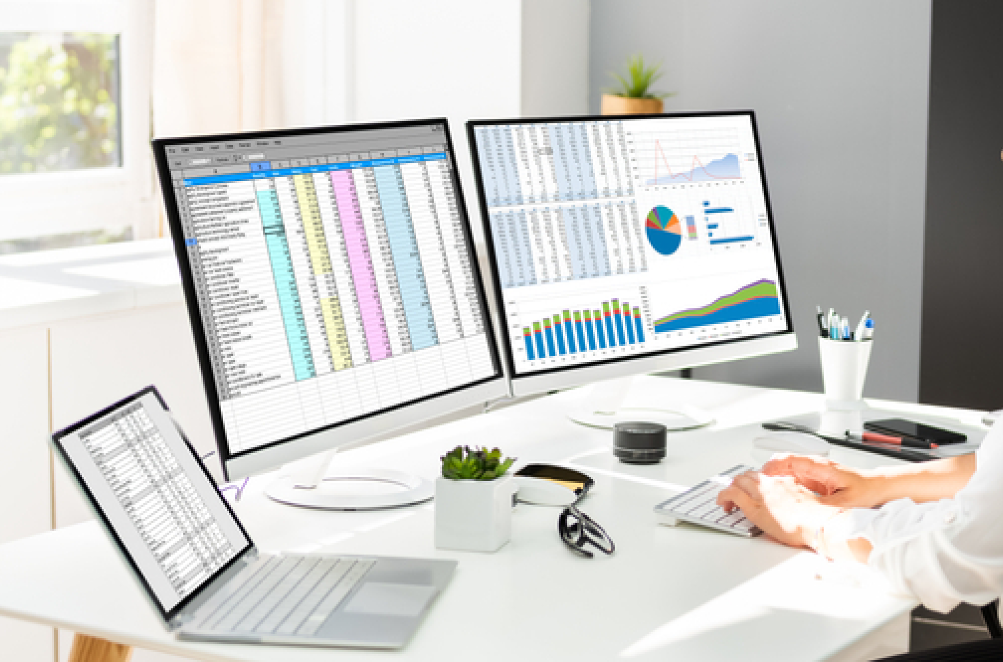 computer screens displaying time tracking spreadsheets vs software side by side