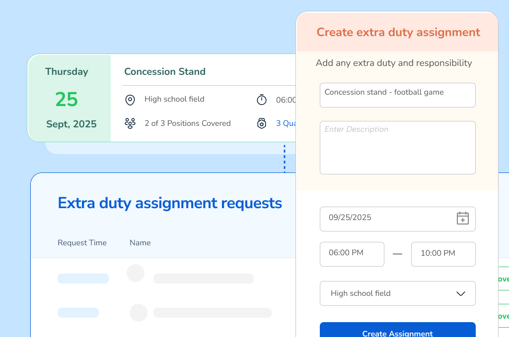 Product screenshot on a blue background of Extra Duty Manager from TimeClock Plus product capability
