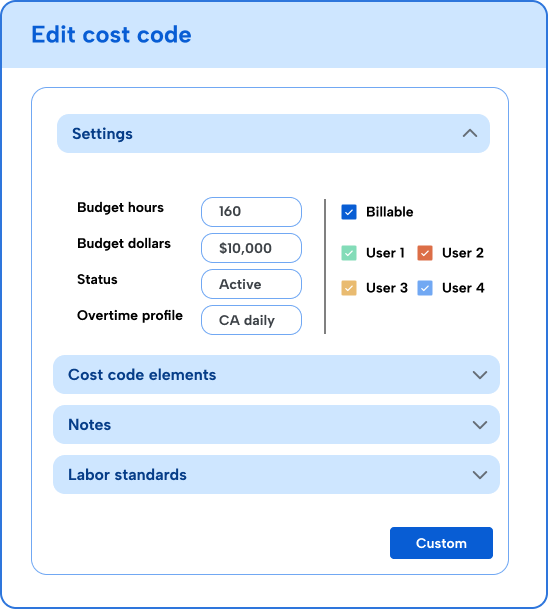 Cost code functionality UI snippet as featured in TimeClock Plus overtime profiles